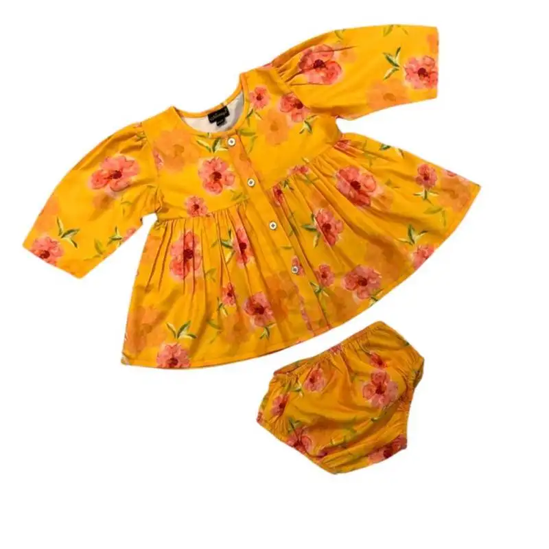 Adorable two-piece full sleeves cotton blend set for baby girls-yellow multi