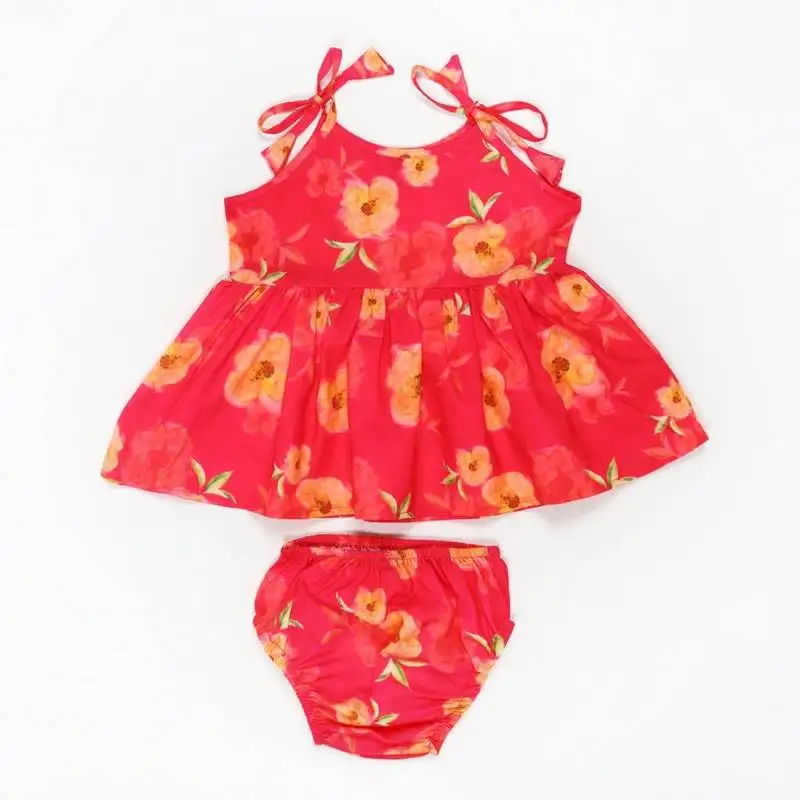 Two-piece girls set in cotton blend fabric with strappy frock and pantie-multi