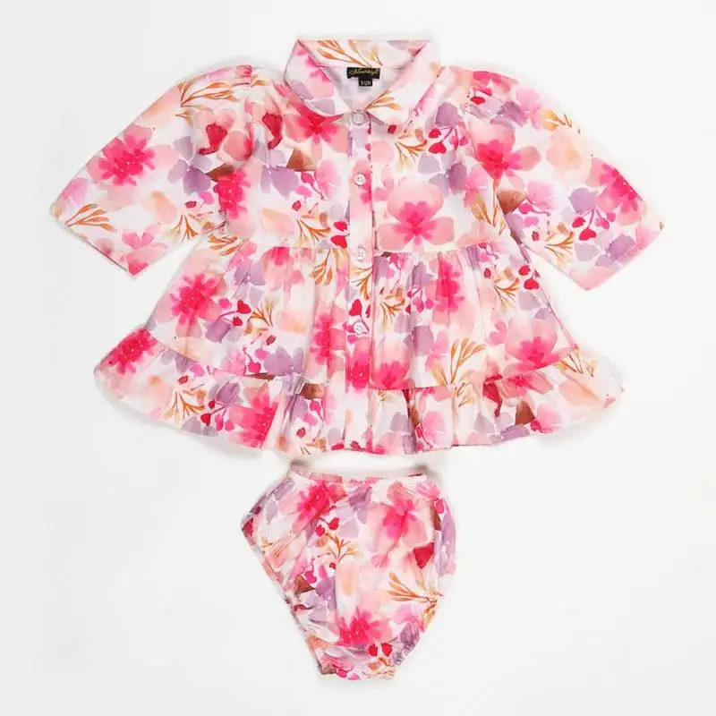 Stylish two-piece set for girls in printed cotton blend fabric-pink multi