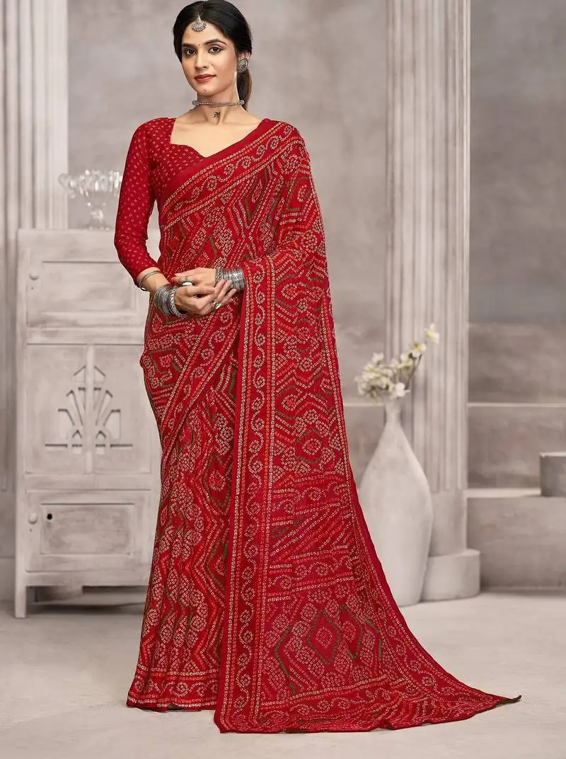 Red chiffon bandhani geometric printed saree with blouse
