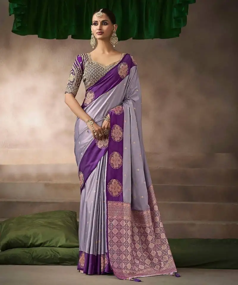 Lavender satin silk blend saree with heavy embroidered silk blend blouse stylish festive wear