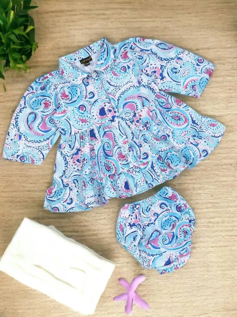 Two-piece girls set in printed cotton blend fabric with gathered waistline-multi