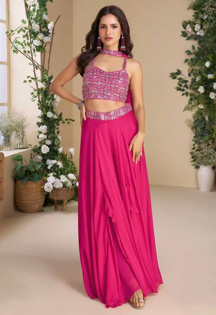 Pink embroidery, zari & sequins work chinnon silk blouse palazzo suit - free size full stitched (size upto 42)