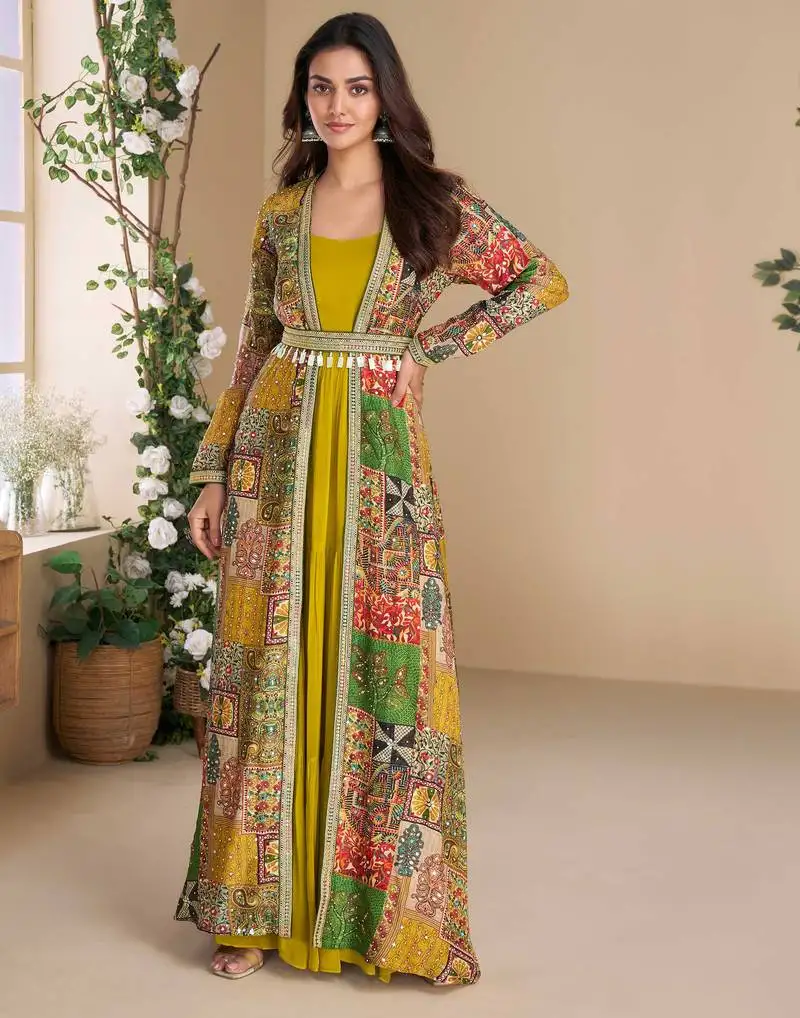 Yellow embroidery & sequins work georgette gown with jacket suit - free size full stitched (size upto 42)
