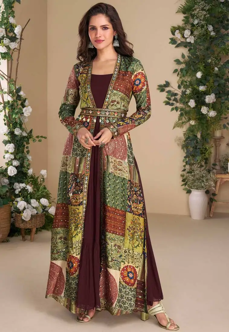 Maroon embroidery & sequins work georgette gown with jacket suit - free size full stitched (size upto 42)