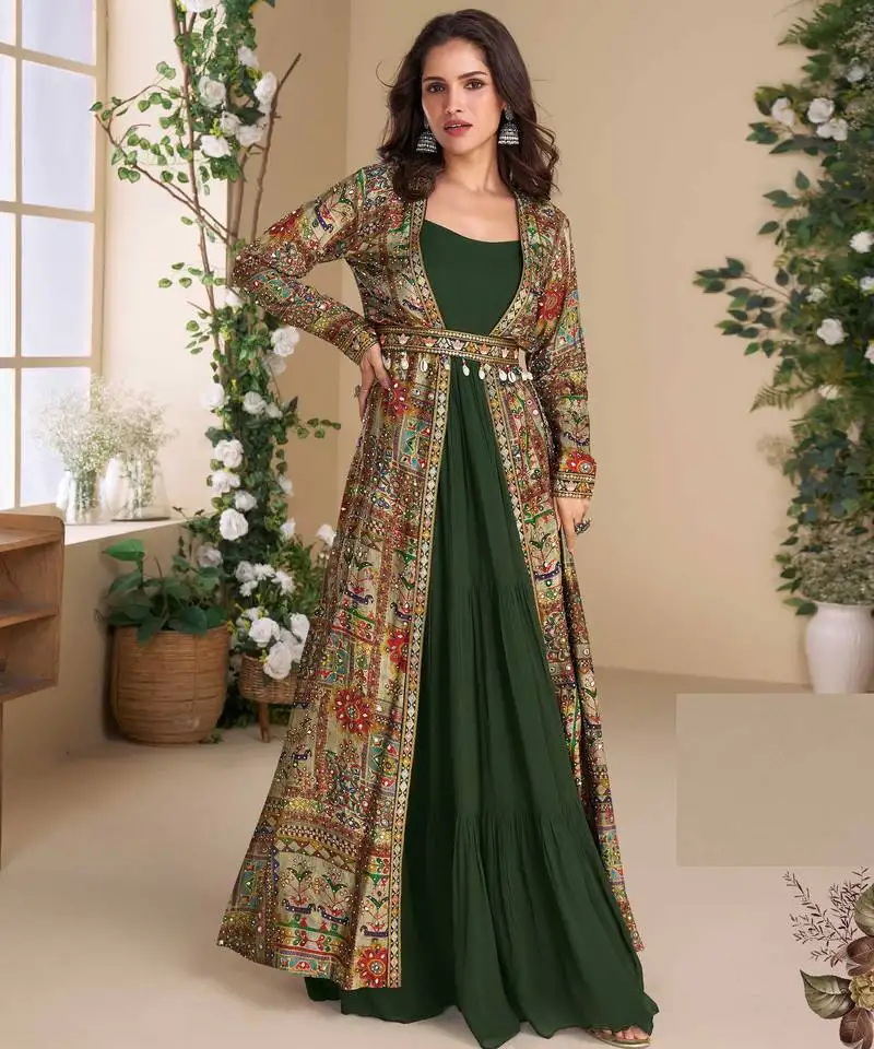 Green embroidery & sequins work georgette gown with jacket suit- free size full stitched (size upto 42)