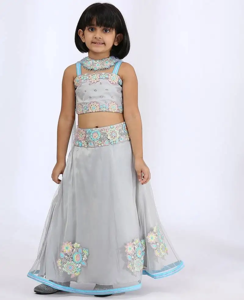 Grey embroidered cotton silk lehenga