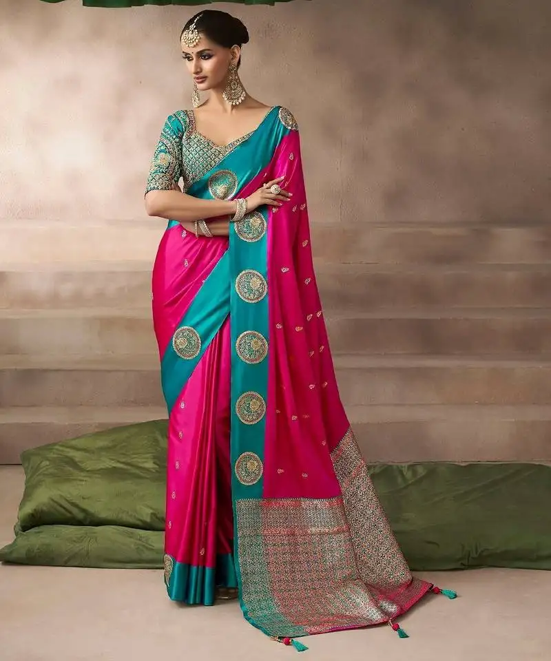 Rani pink satin silk blend saree with heavy embroidered silk blend blouse premium festive saree