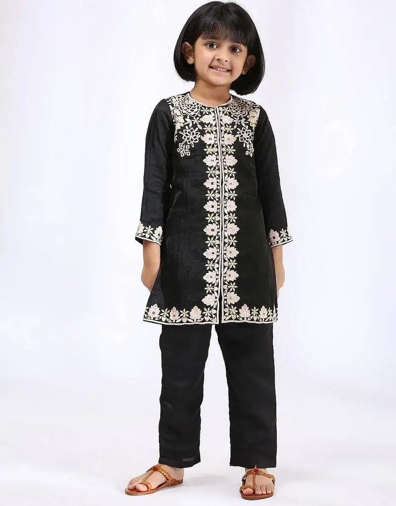 Black embroidered satin kurta set