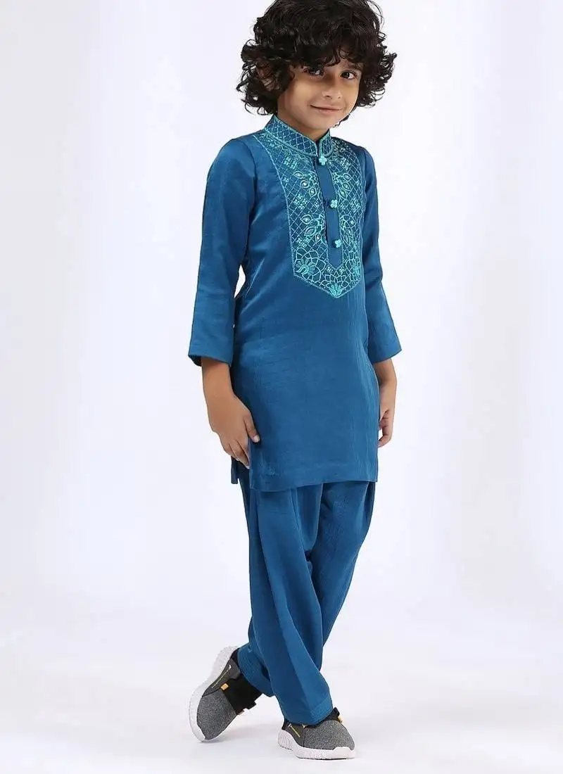 Blue plain satin kurta pyjama