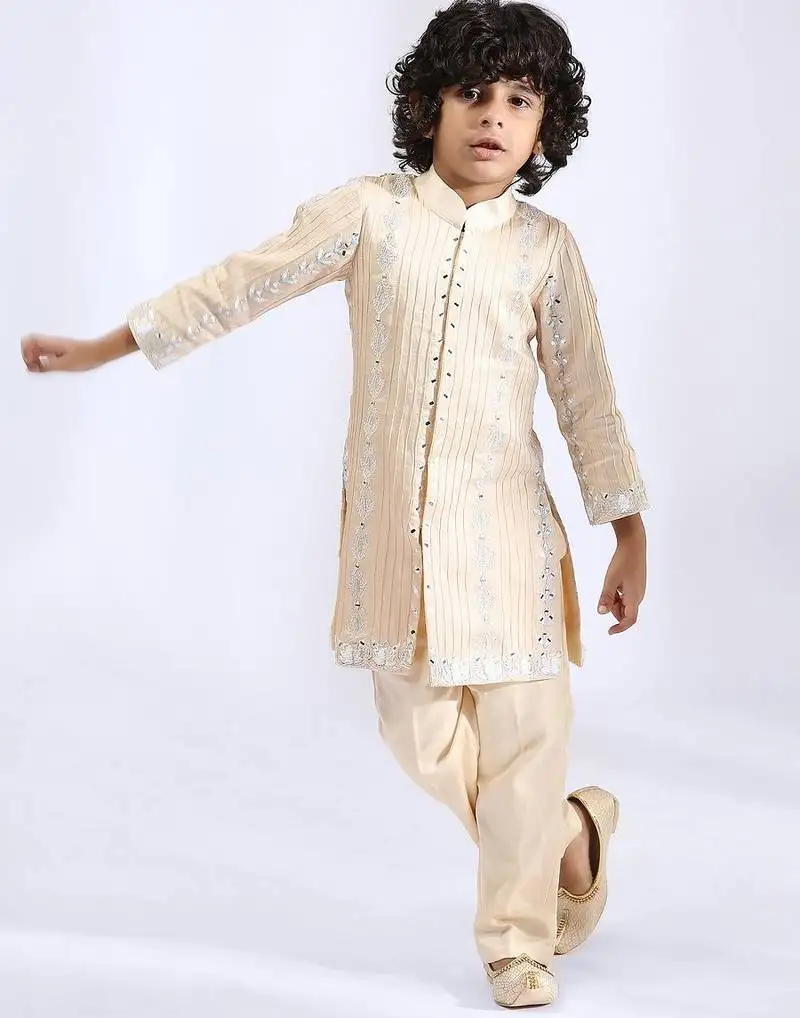 Beige embroidered satin sherwani