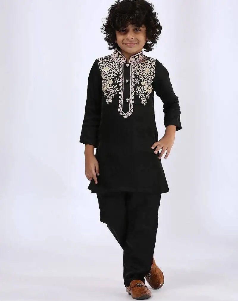 Black embroidered satin kurta pyjama