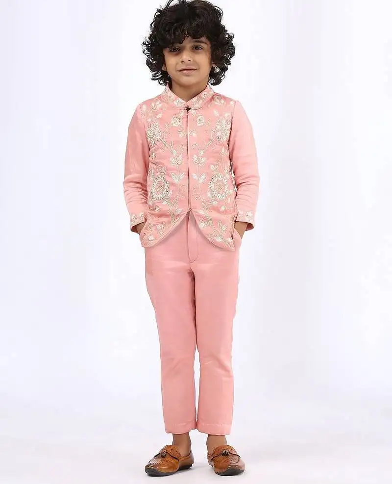 Peach embroidered satin jacket paired with pant