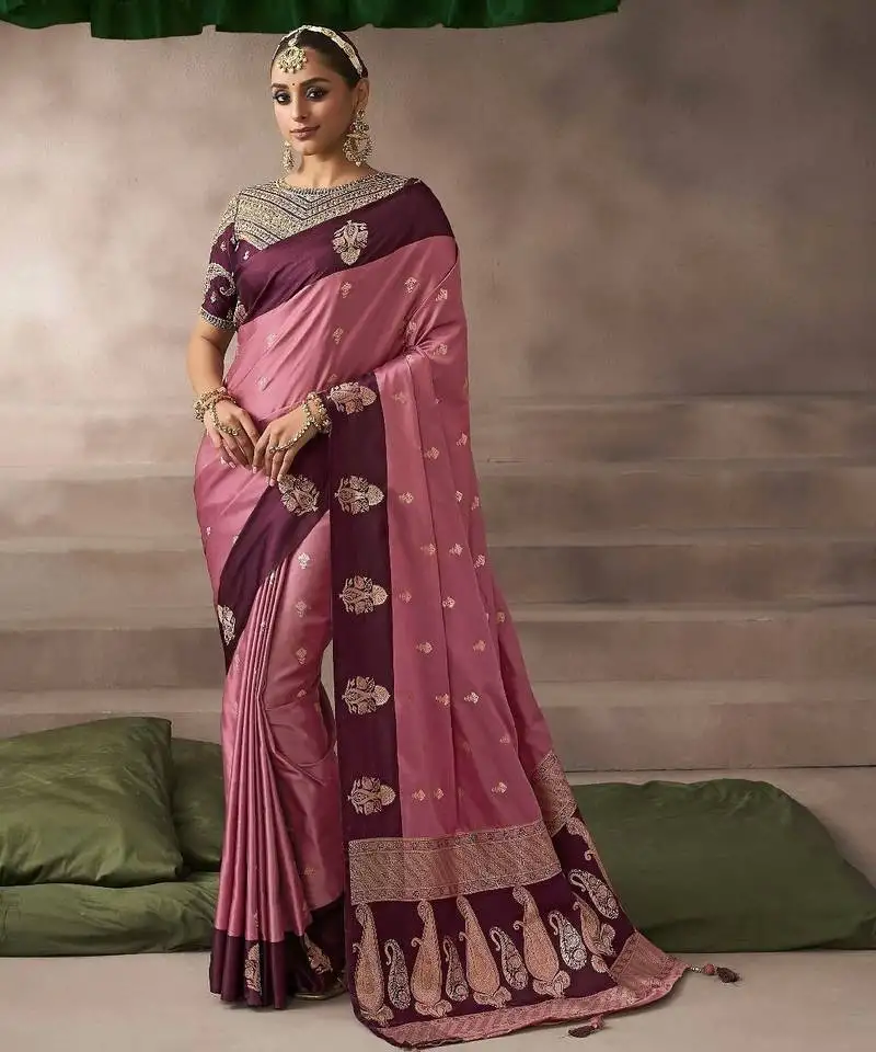 Pink satin silk blend saree with heavy embroidered silk blend blouse bridal party wear saree