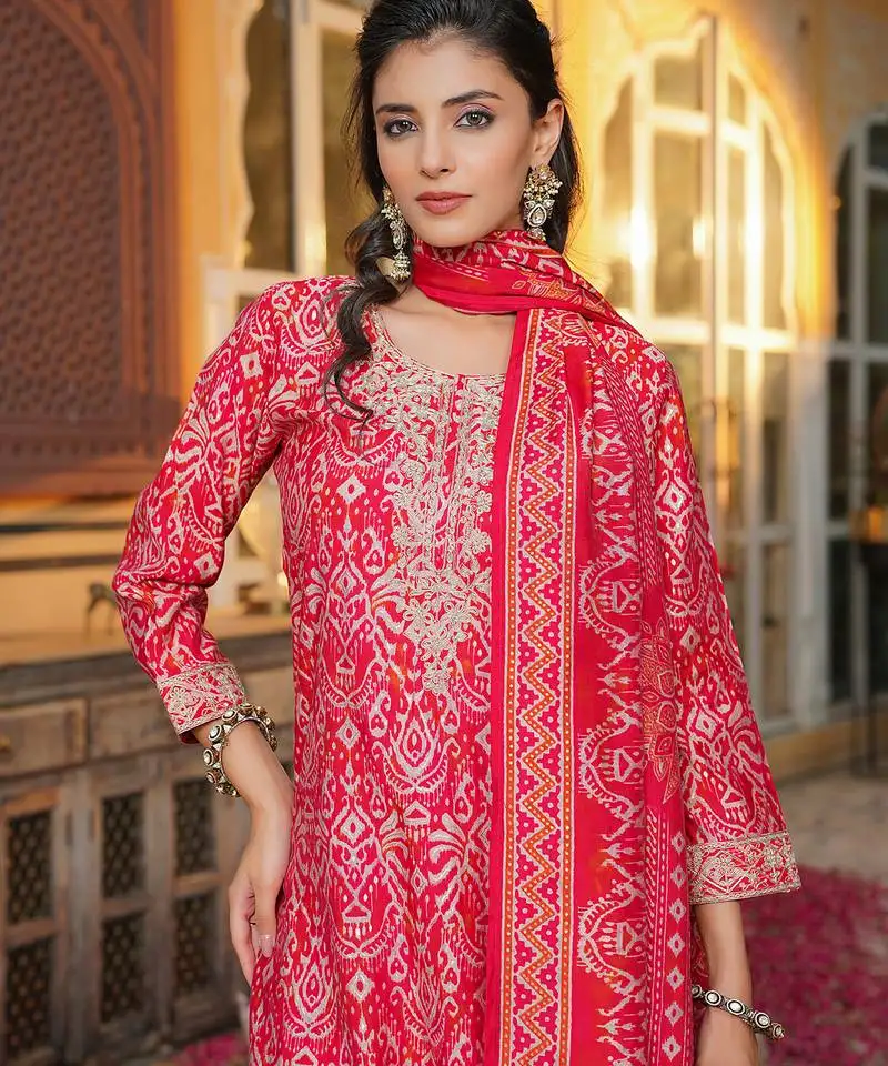 Women red silk blend ikat embroidered straight kurta trousers with dupatta