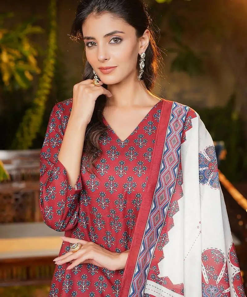 Women maroon rayon blend floral printed a-line kurta palazzos with dupatta