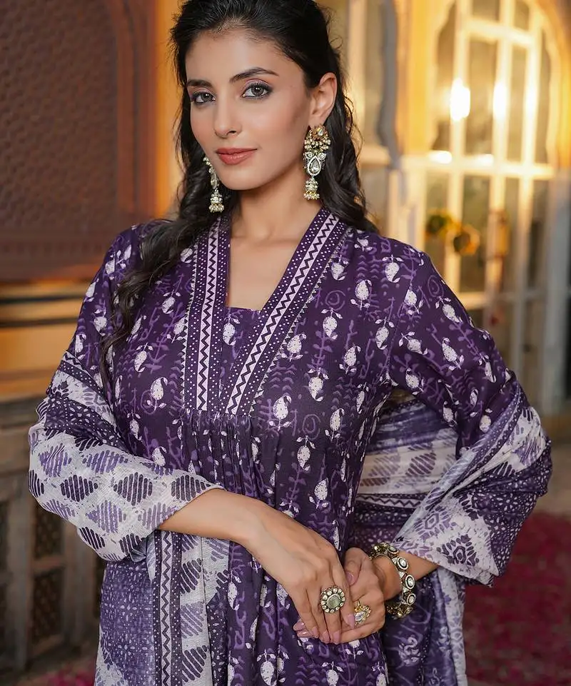 Women purple rayon blend batik printed straight kurta palazzos with dupatta
