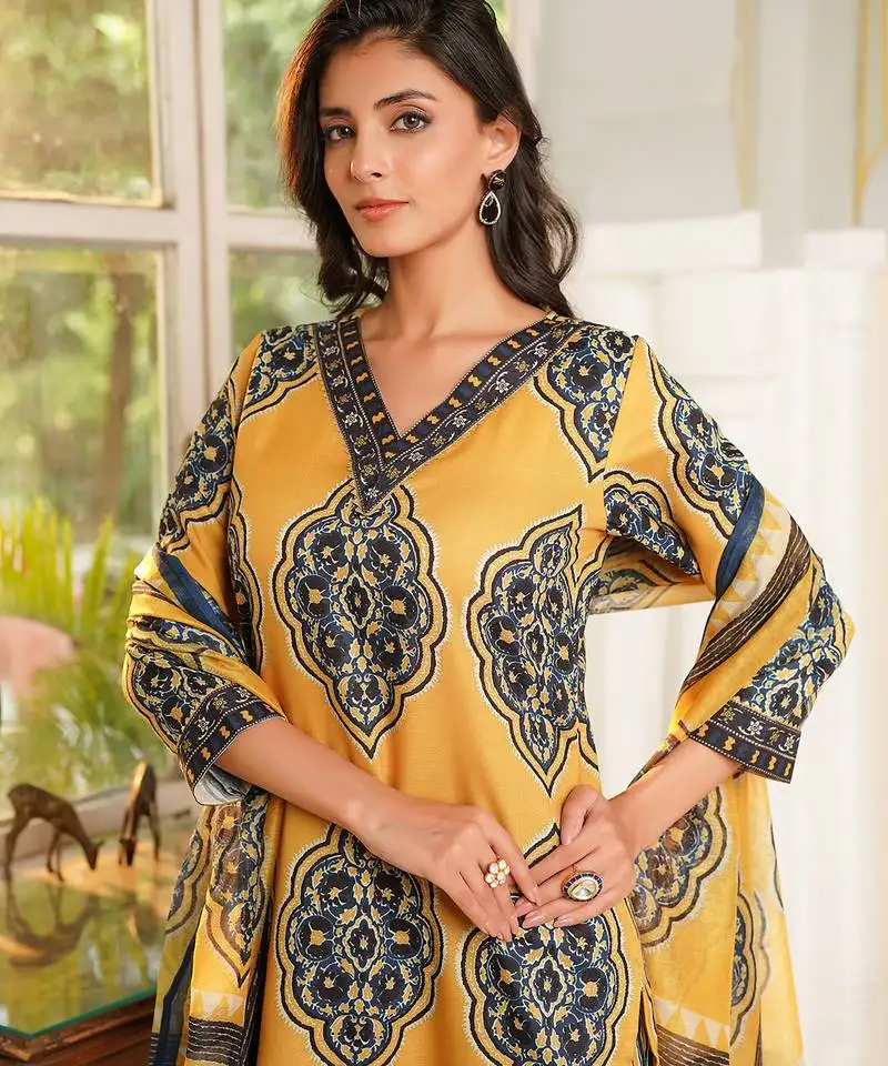 Women yellow rayon blend ethnic motifs printed straight kurta trousers with dupatta