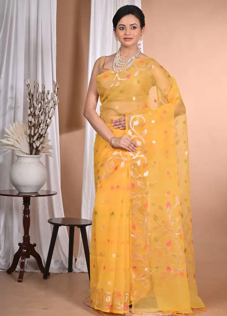 Yellow jamdani silk blend organza saree with blouse piece