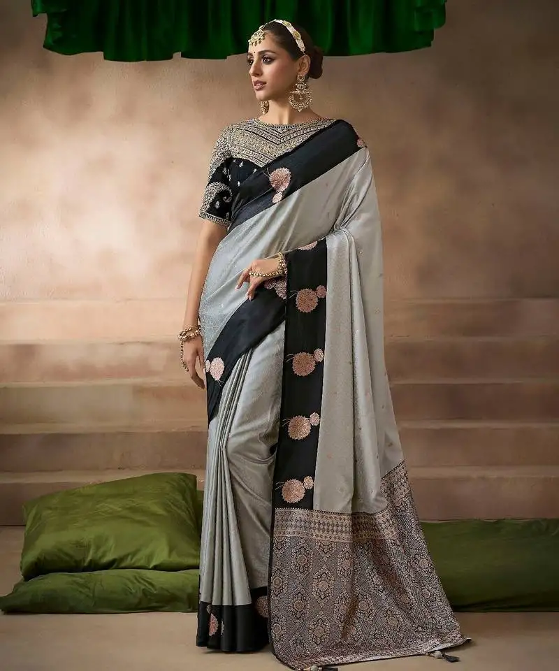 Grey black satin silk blend saree with heavy embroidered silk blend blouse elegant party wear