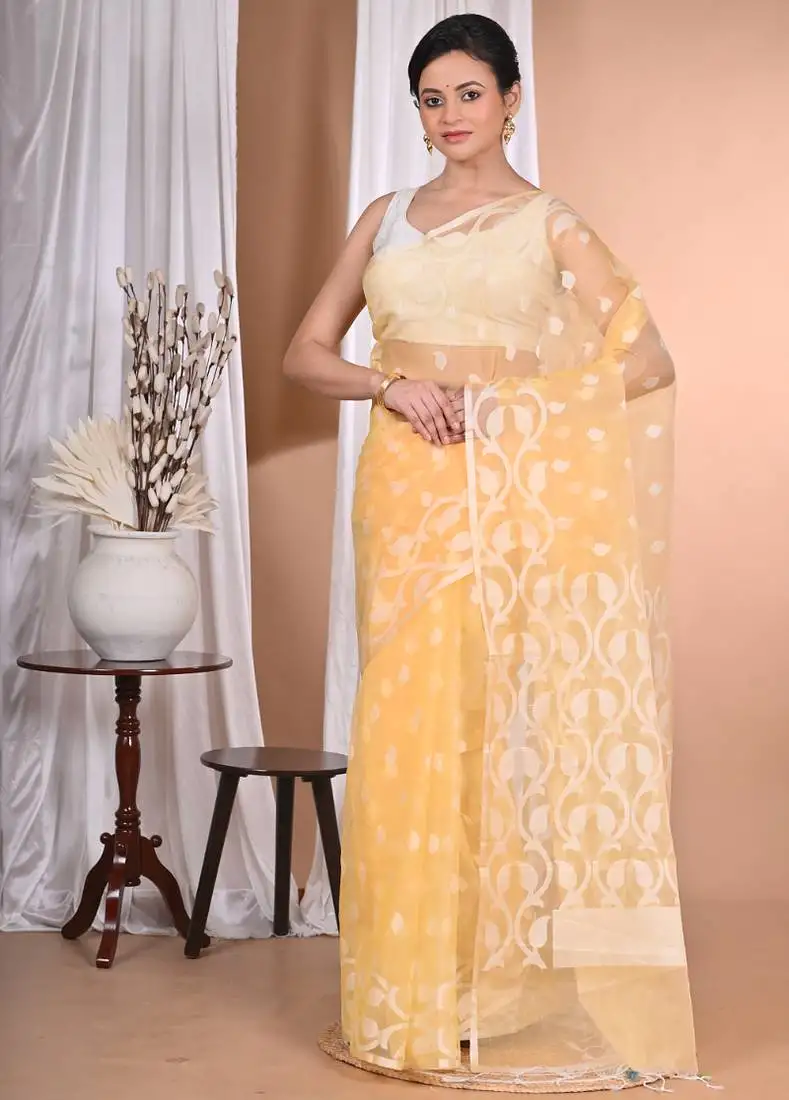 Yellow jamdani saree with blouse piece