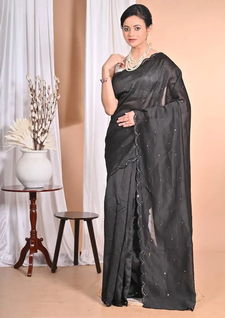 Black pure chandari mirror work saree with blouse piece