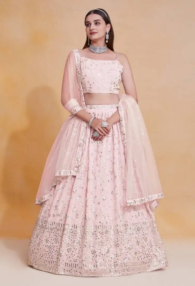 Light-pink zari sequin embroidered georgette indian wedding lehenga choli dress