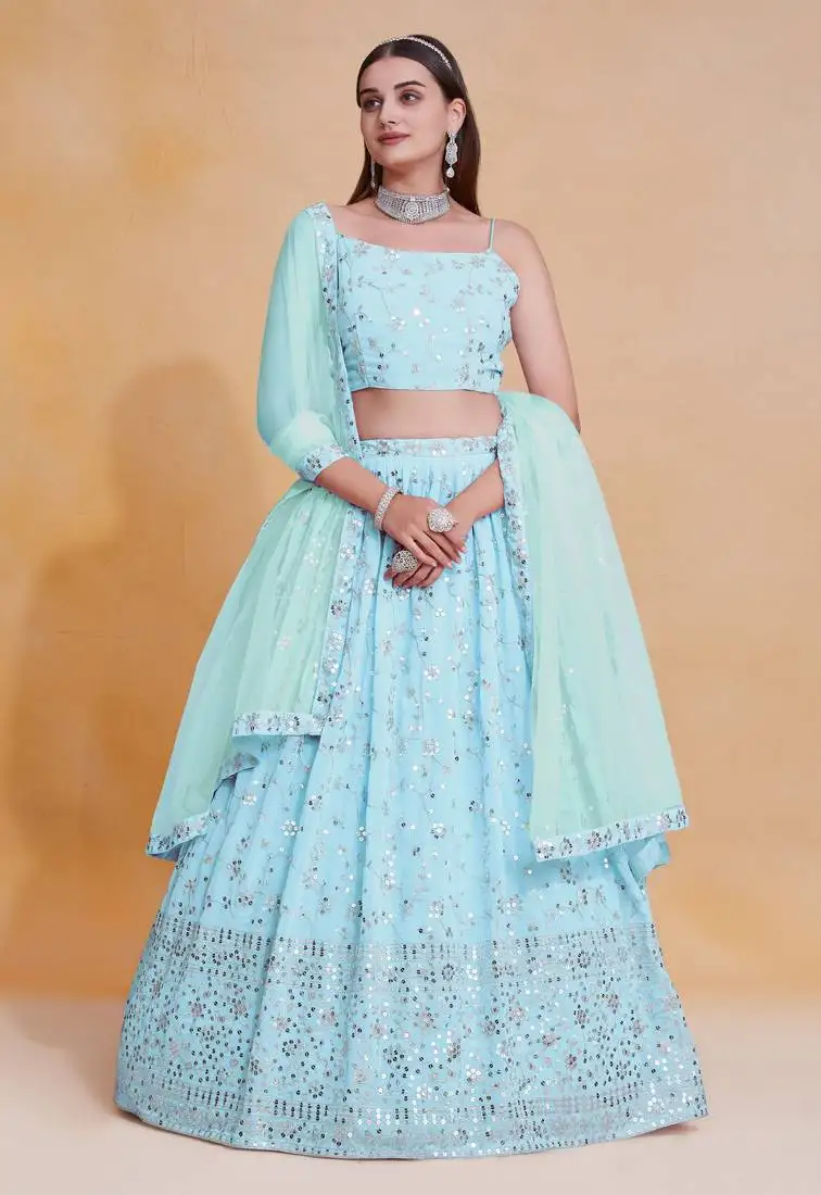 Sky-blue zari sequin embroidered georgette indian party wear lehenga dress
