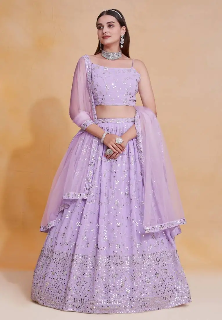 Light-purple zari sequin embroidered georgette indian wedding designer lehenga choli dress