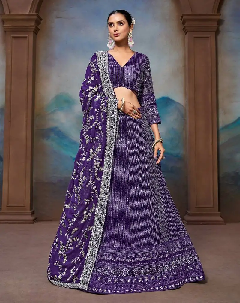 Fetching blue zari, sequence embroidered faux georgette indian wedding lehenga dress