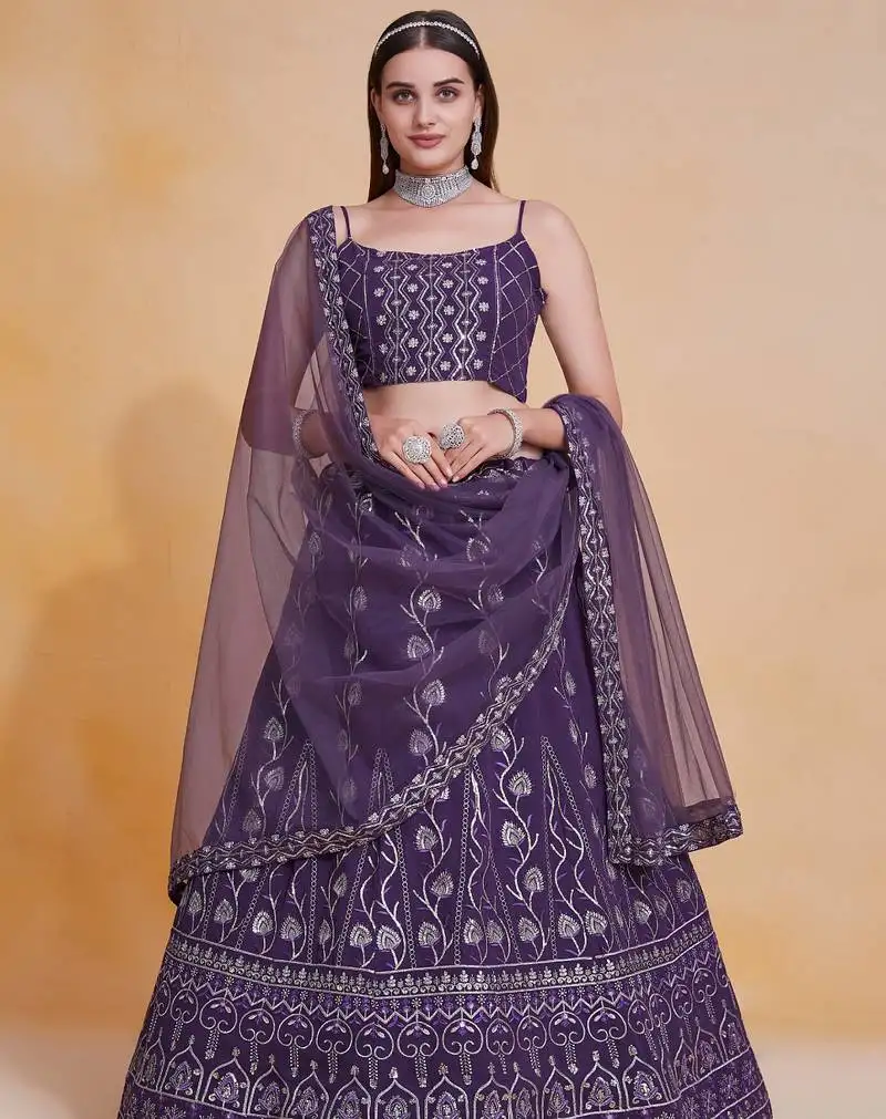 Glamourous blue thread, zari, sequence embroidered georgette indian wedding lehenga choli