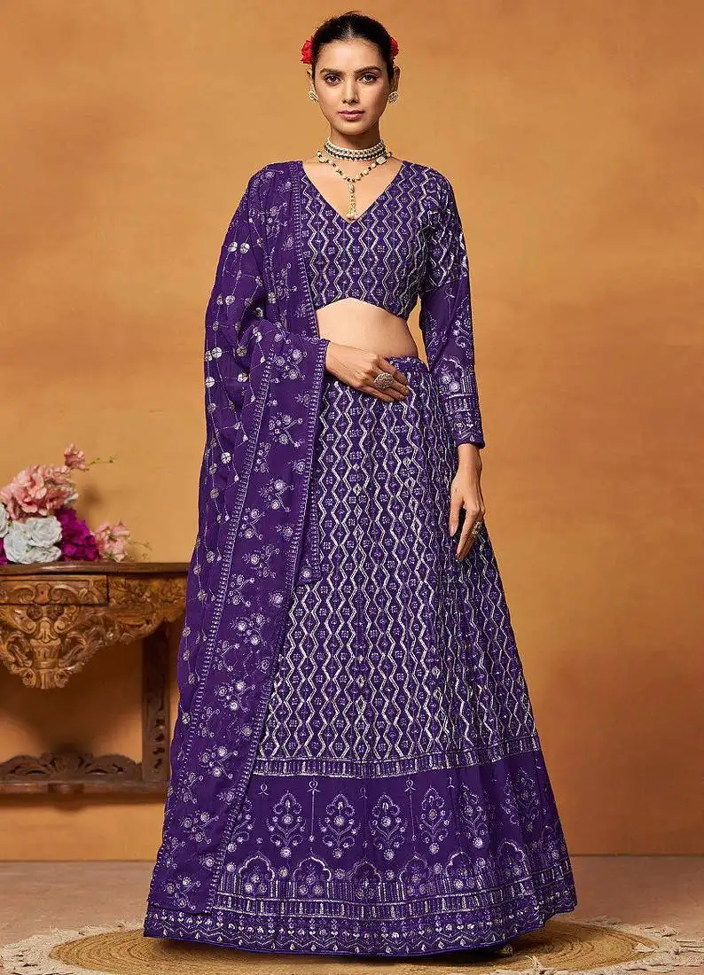Glamorous blue thread, sequence embroidered georgette indian designer lehenga choli