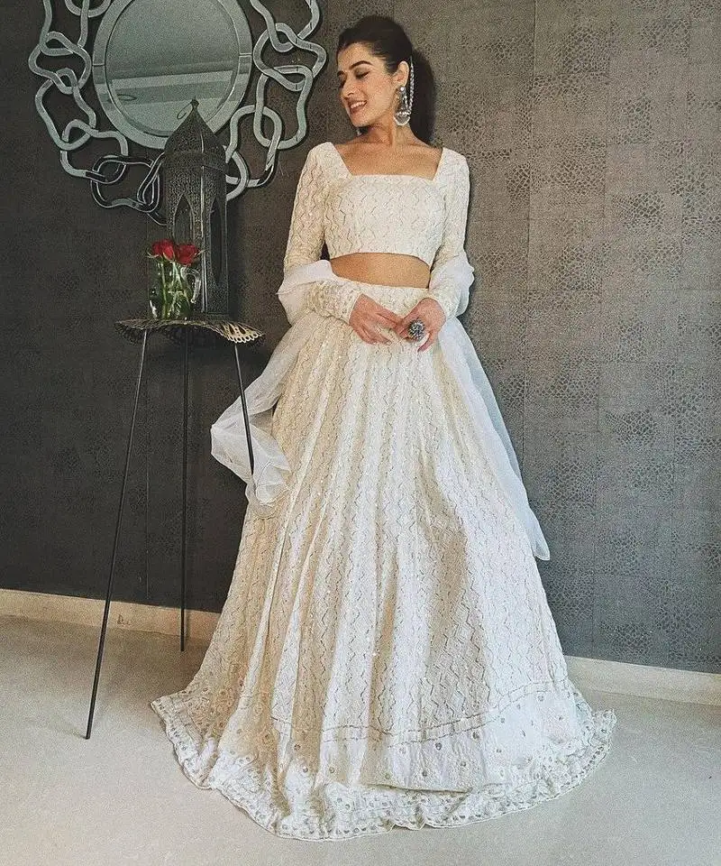 White thread sequin embroidered georgette indian wedding lehenga choli dress