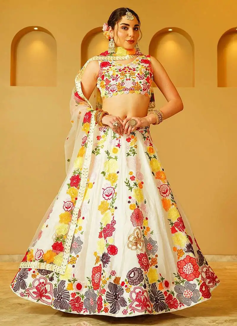 White thread sequin embroidered georgette indian designer wedding lehenga dress