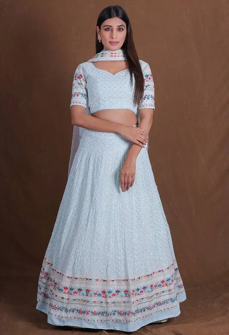 Aqua blue thread sequin zari embroidered georgette indian wedding lehenga choli