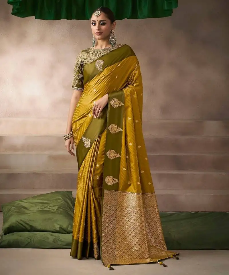 Mustard satin silk blend saree with heavy embroidered silk blend blouse party & wedding wear