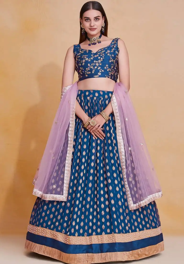 Comely blue zari weaving, pearl work border georgette indian wedding lehenga dress