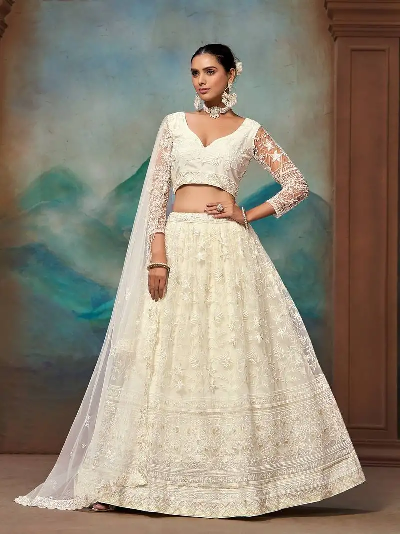 White thread sequin embroidered georgette indian wedding designer latest design lehenga dress