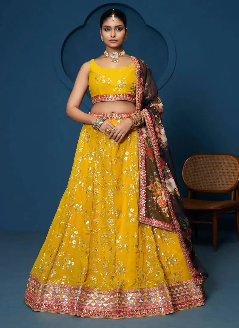 Yellow zari sequin multi thread floral embroidered georgette indian designer wedding haldi lehenga choli