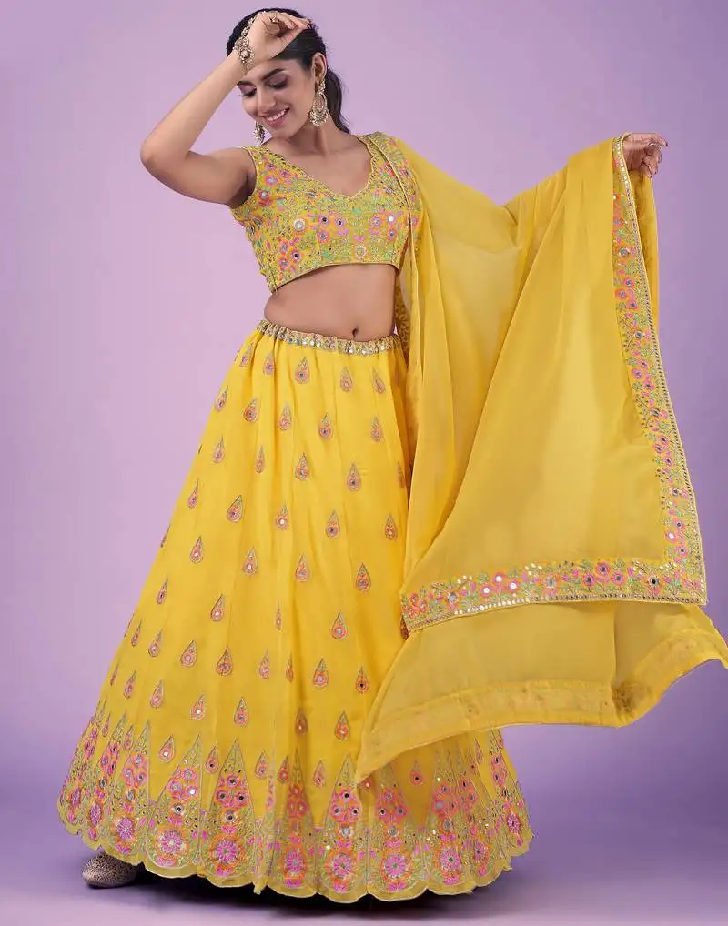 Mustard real mirror thread sequin embroidered georgette indian designer lehenga dress