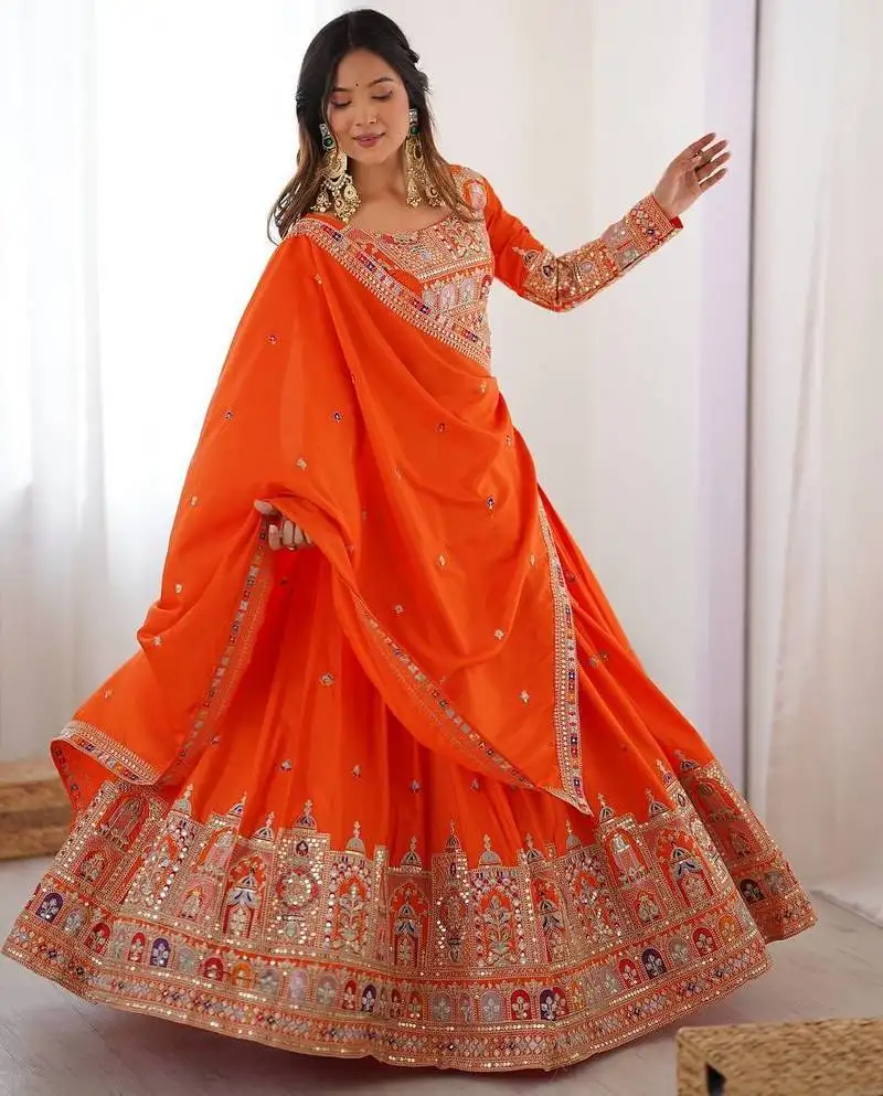 Alluring orange multi thread, sequence, embroidered georgette indian wedding lehenga choli