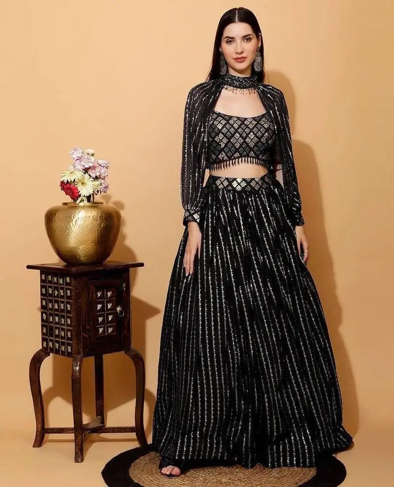 Delightfully black thread, sequence embroidered georgette indian wedding lehenga choli