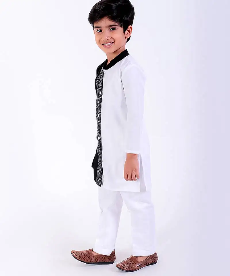 Black & white cotton plain kurta pyjama