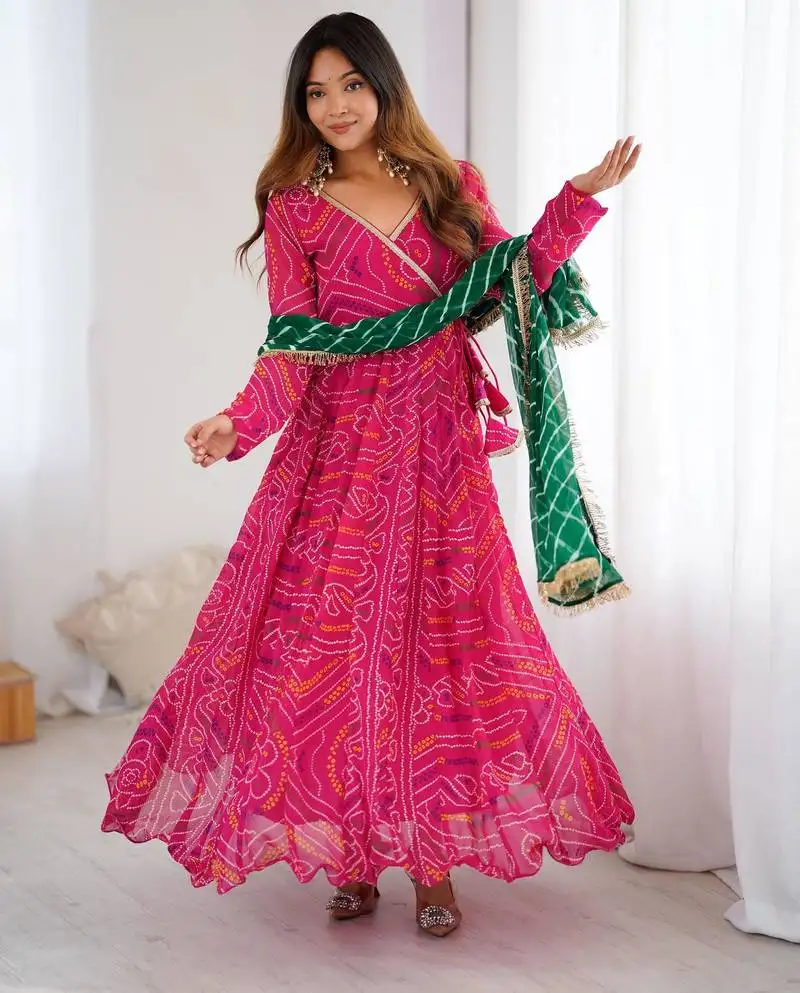 Hot pink bandhani anarkali kurta with dupatta