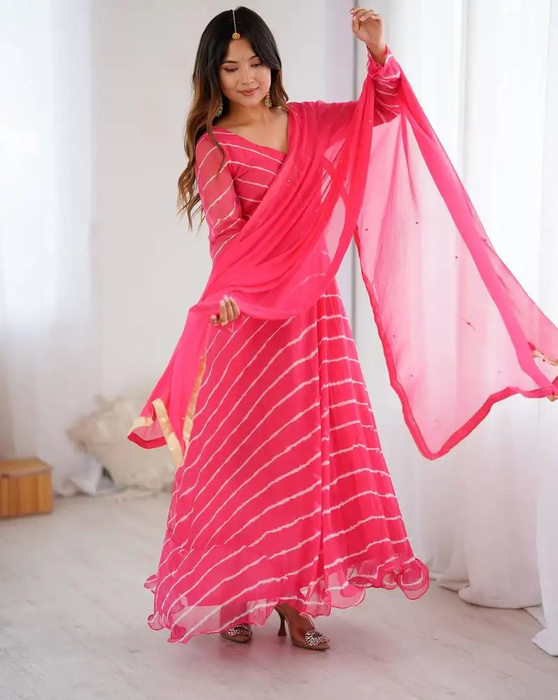 Rose pink leheriya anarkali kurta with dupatta