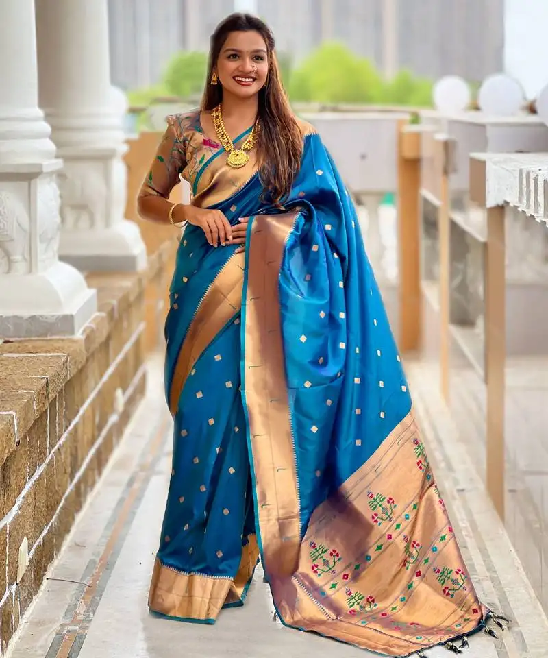 Teal blue color paithani silk woven jacquard jari designer ethnic saree