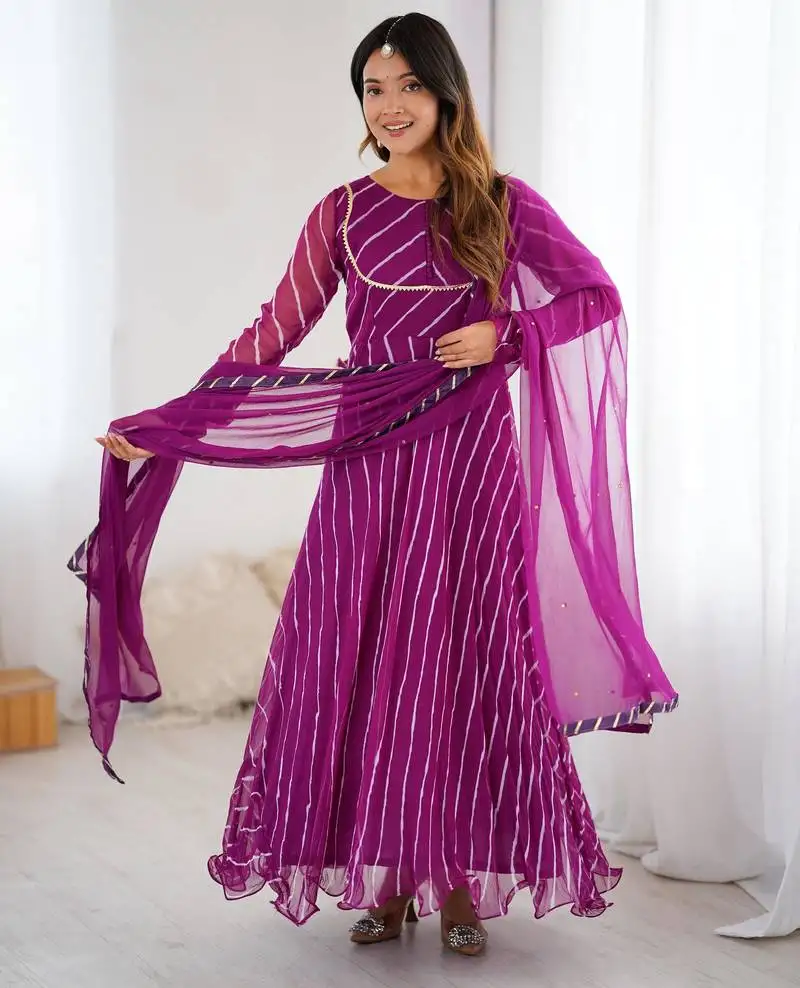 Purple leheriya anarkali kurta with dupatta