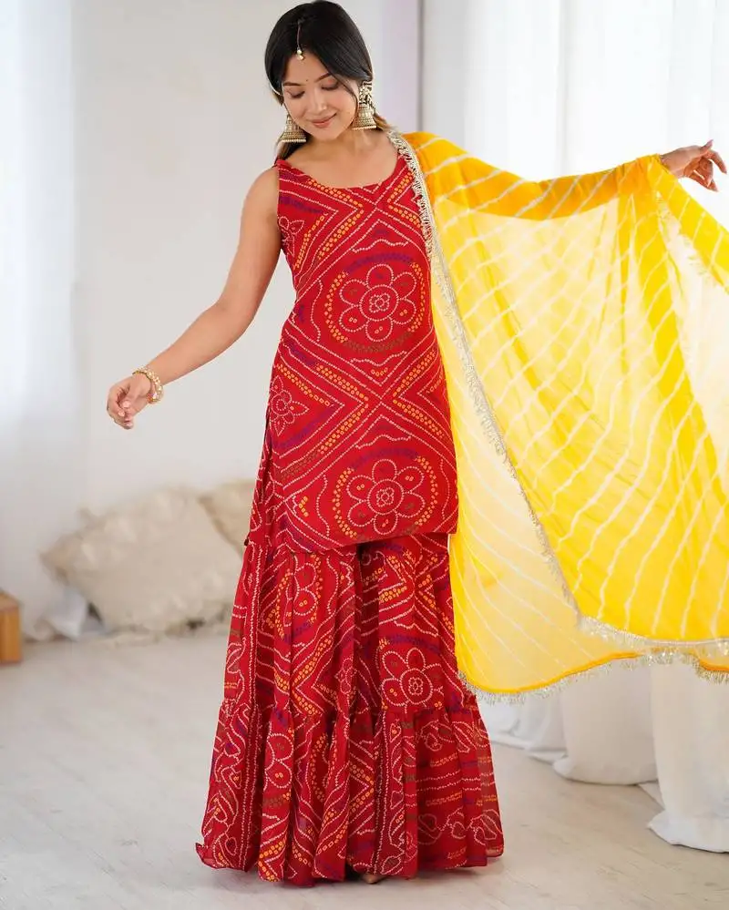 Red bandhej kurta sharara set with dupatta stitched