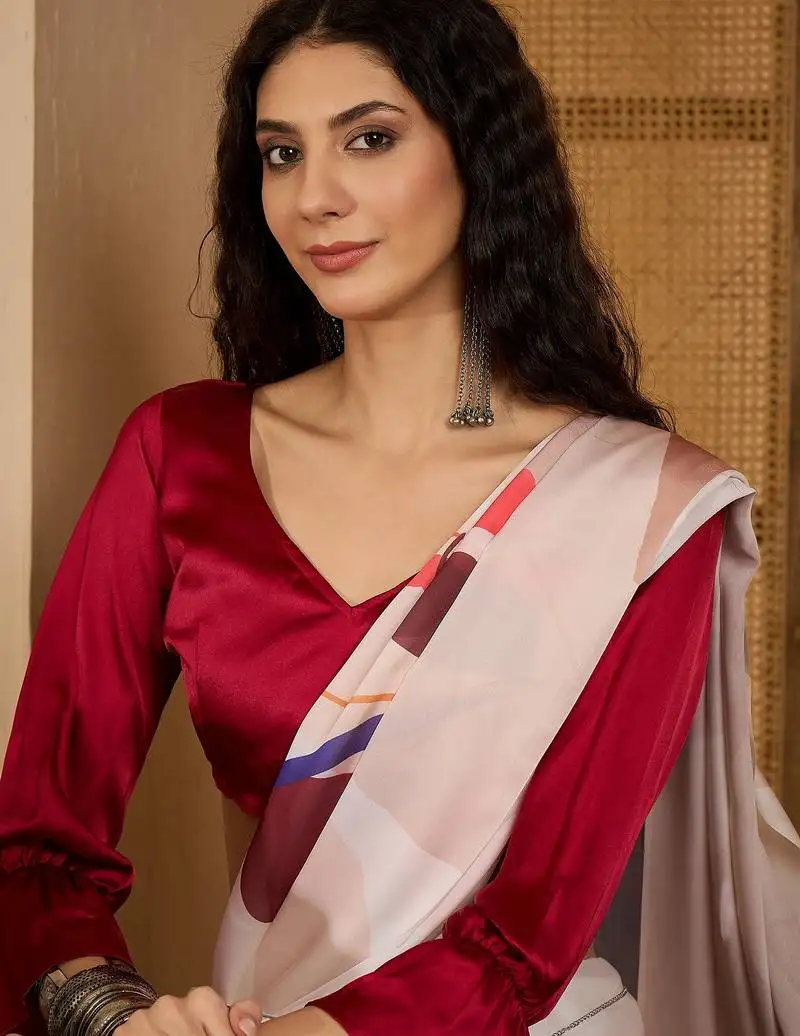 Off white satin georgette printed saree with unstitched blouse