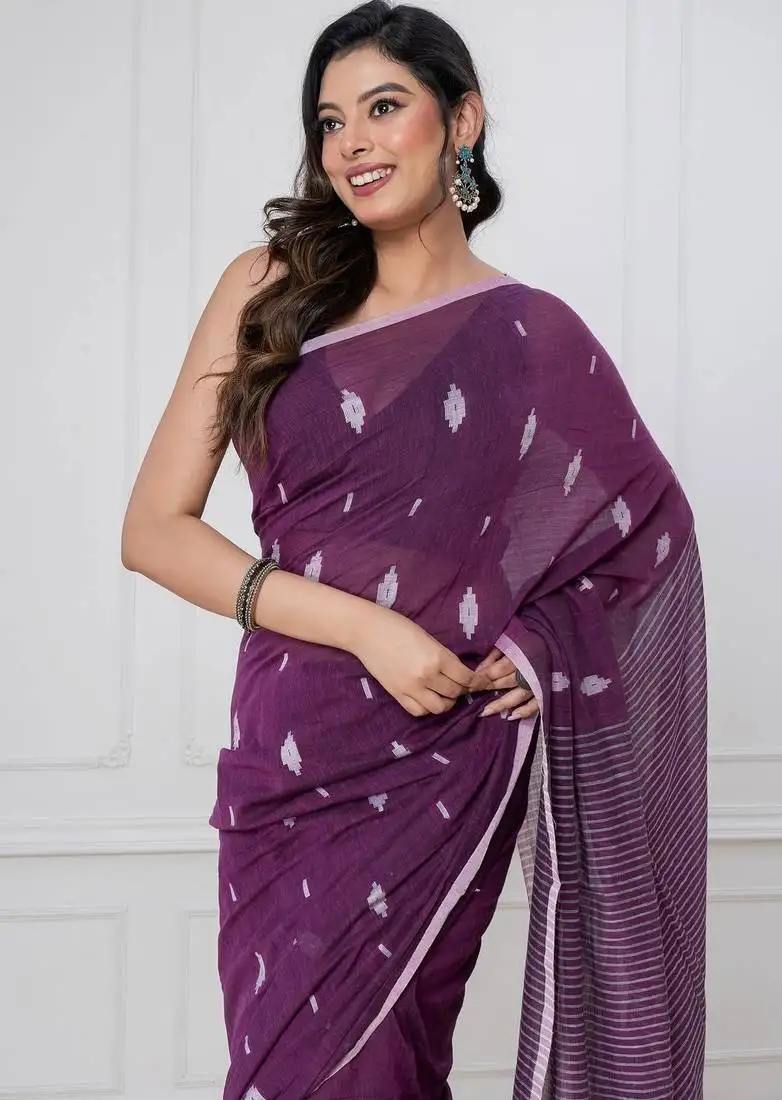 Purple handloom mul cotton jamdani weaving saree
